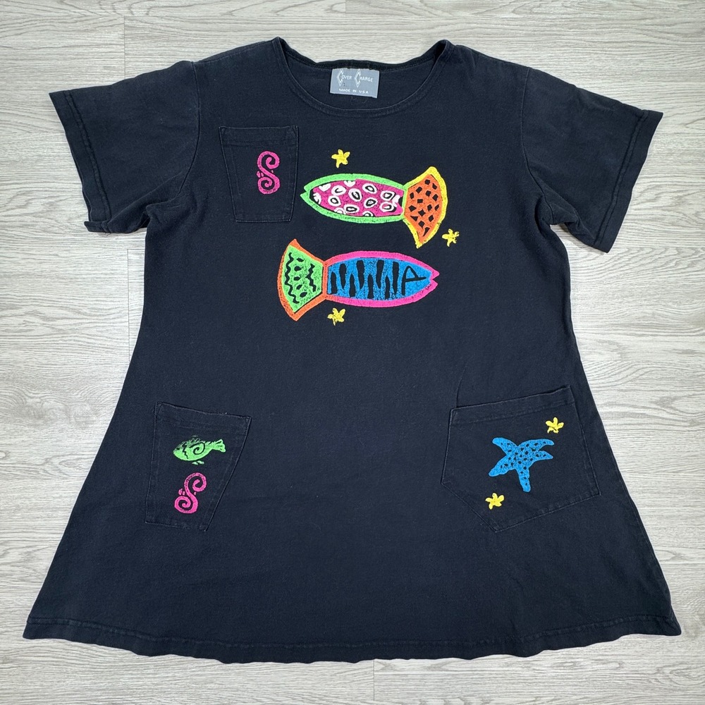 Cover Charge Women's Tunic Top Vintage Fish Puff Print Black Large Short Sleeve